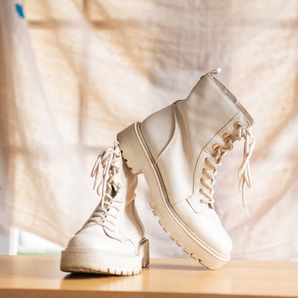 Sam Edelman Sz 10 Leather Chunky Lace Up Ankle Combat Boots White Flat - Picture 1 of 9